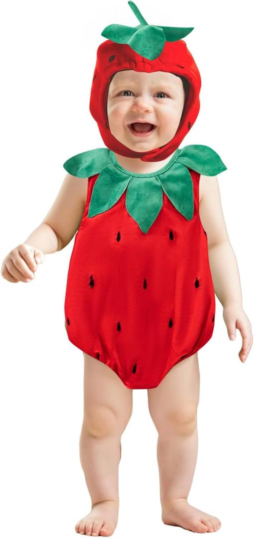 Toddler Baby Strawberry Costume Halloween Cosplay Animal Romper for Boy and Girl (12-24M, Red)