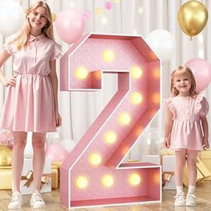 HILAVO Number 2 Marquee, 4FT Light Up Number 2 Large Marquee Mosaic Numbers for Party, Giant Light Up Numbers 4 Feet Tall Lighted DIY Frame Pre-Cut Foam Board Kit for Birthday Anniversary - Pink