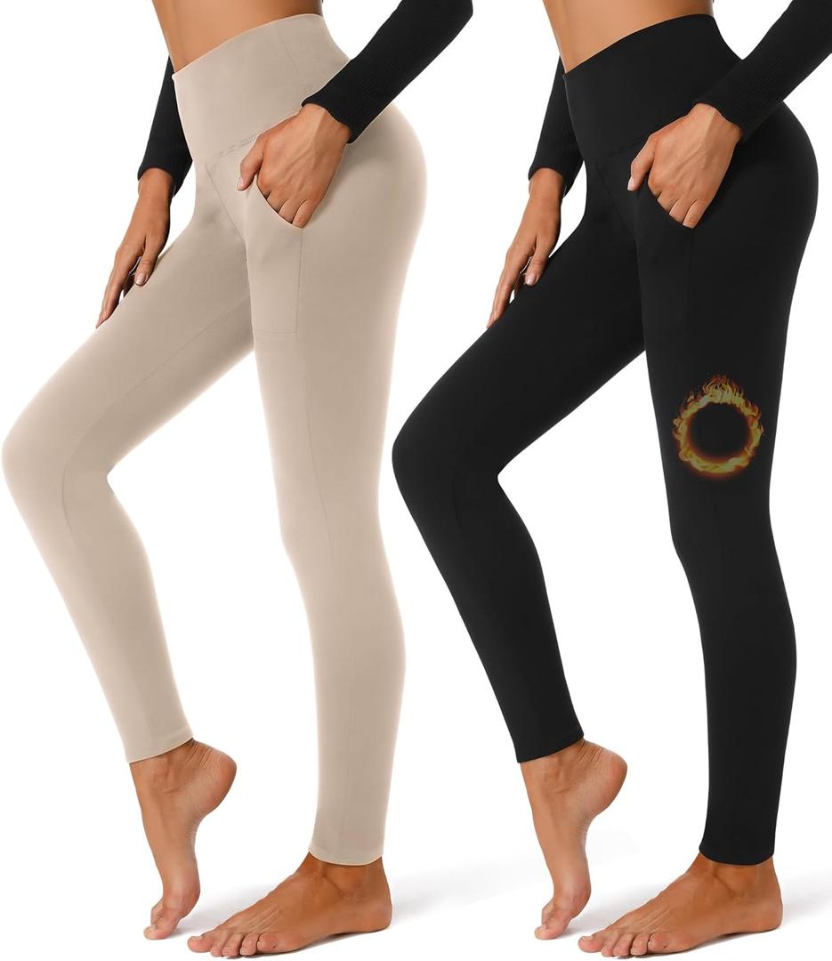 FULLSOFT 2 Pack Fleece Lined Leggings with Pockets for Women High Waisted Thermal Winter Yoga Pants for Workout Running S/M