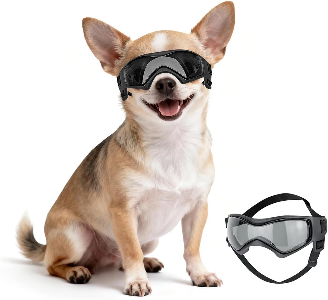 Billionchains Dog Sunglasses for Extra Small Breed UV Protection Windproof XS Dog Goggles with Adjustable Head & Chin Straps for Ride Car/ Hiking Travel/ On Beach-Black