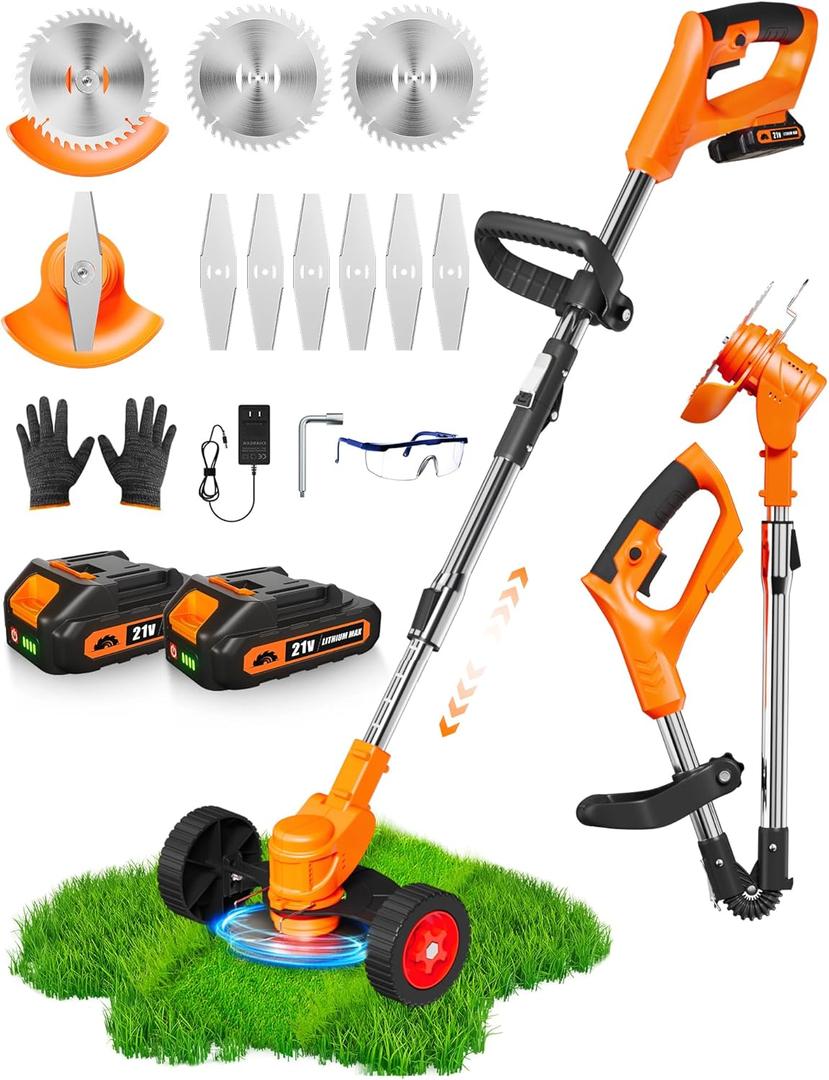 Electric Weed Wacker, Foldable Cordless Weed Eater Battery Powered, 3-in-1 Stringless Lightweight Brush Cutter Grass Trimmer Lawn Tool with Adjustable Length for Garden and Yard (Orange)