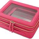 Aveniee XL Clear Makeup Organizer,Double Layer Travel Cosmetic Case with Brush Holder & Zippered Compartments,Big Toiletry Bag for Travel Accessories,2 Layers Large,Hotpink (PitayaPink)