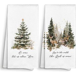 Winter Tree Reindeer Kitchen Towels Decorative 16x24 Set of 2, Vintage Christmas Tree Dish Towels Cloths Dishcloths Tea Towel Gifts, Joy to The World Bathroom Kitchen Hand Towel Decor