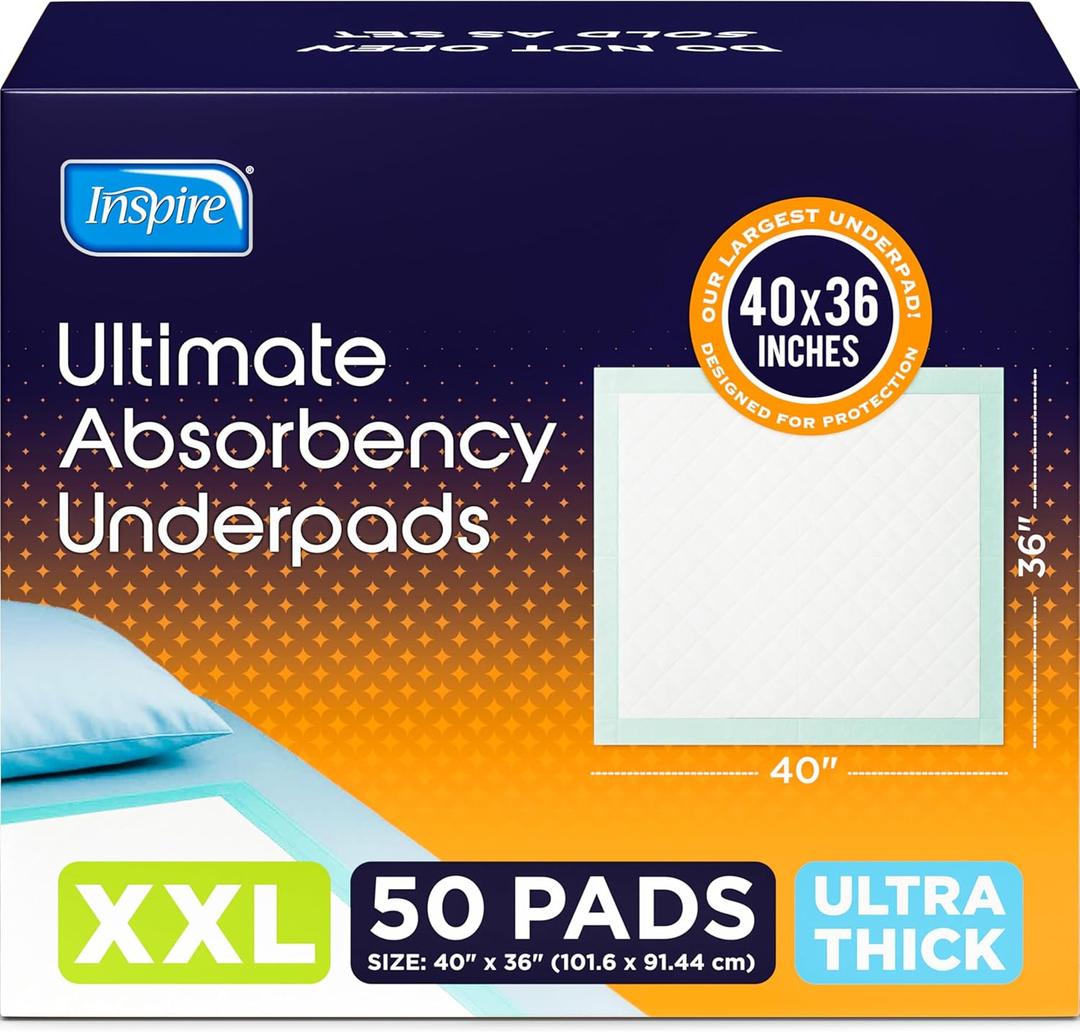 Inspire Extra Large Super Absorbent Disposable Bed Pads for Incontinence Ultra Thick and Absorbent Bed Pads Disposable Adult | Puppy Pads Pee Pads for Adults (40" X 36" Pack of 50)