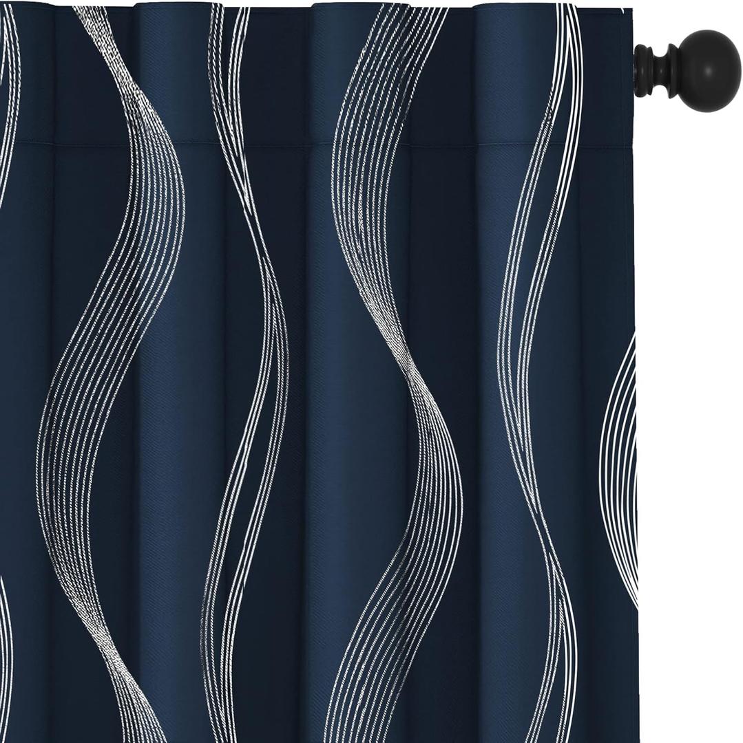Deconovo Blackout Back Tab Curtains with Geometric Pattern, Room Darkening, Heat Blocking, Energy Saving Drapes for Bedroom, Living Room, 2 Panels, Navy Blue, 42W x 63L Inch, Wave Stripe