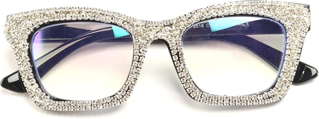 mincl Fashion style Bling Rhinestone Square Reading Glasses For Women Shiny Diamond Blue Light Blocking Eyeglasses (black, 2.5, multiplier)