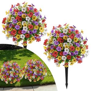 Alupssuc 2Pcs 20" Artificial Topiary Ball Flowers, Spring Outdoor Decoration with Spike, UV Resistant Faux Summer Plants, Faux Bushes Plants, Red Purple Yellow White for Garden, Porch & Patio Decor