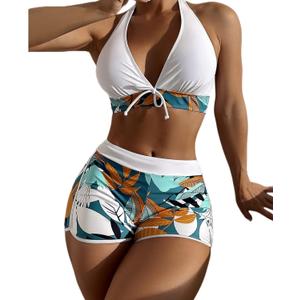 Women Two Piece Swimsuit Bathing Suits Floral Tropical High Waisted Beachwear Board Shorts Halter Tops (Large, White)
