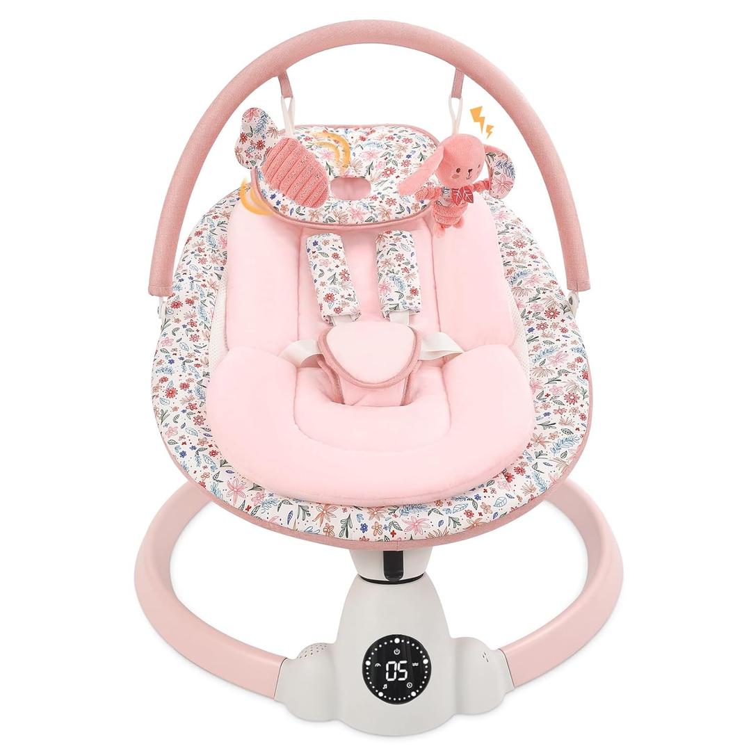 Baby Swing for Infants, Electric Baby Swing with Bluetooth, Portable Infant Swing with 5 Speeds, 10 Lullabies, 5-Point Harness & Remote Control, for Newborns Infants Indoor Outdoor Use (Pink)