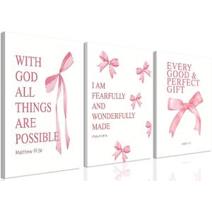 Coquette Pink Bow Canvas Wall Art Set of 3, Inspirational Bible Verses Decor Posters Pictures Prints Aesthetic for Girls Room College Apartment Living Room Bedroom Framed 24x16 Inch, 24L x 16W Wrapped Canvas