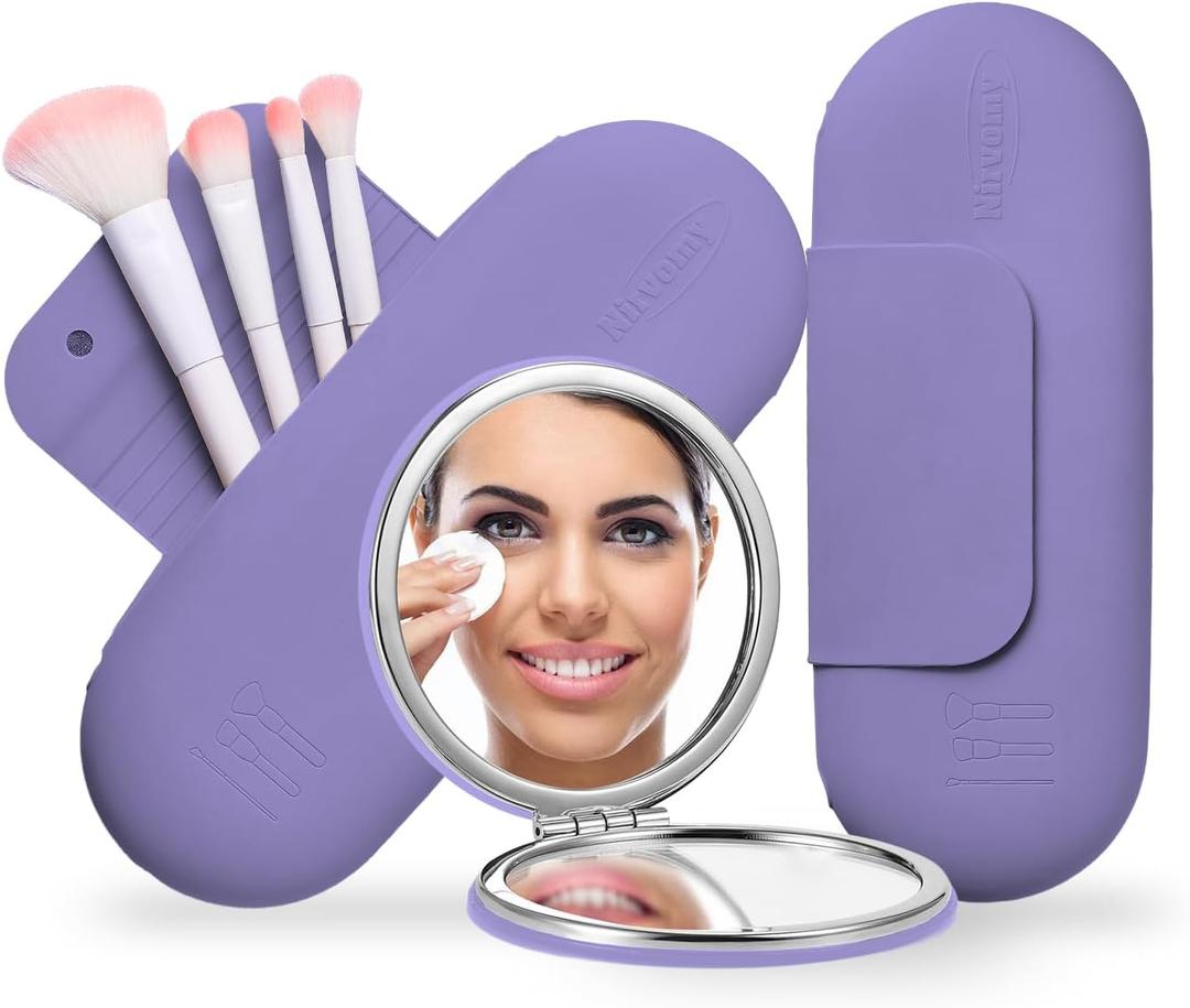 Travel Makeup Brush Holder & Pocket Mirror, Silicone Makeup Brush Organizer, Dirt-Resistant Easy to Clean Makeup Brush Bag with Anti-Fall Out Magnetic Closure (Lavender)
