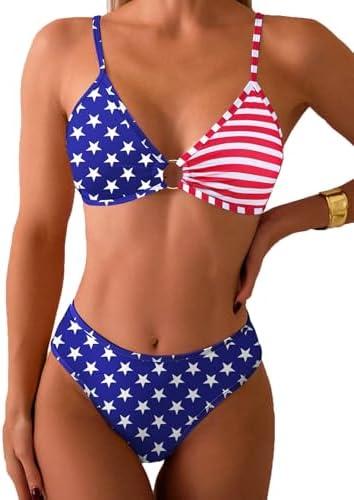 Tainehs Women's Two Piece Bikini Sets O Ring Front Top Ditsy Floral Triangle Swimsuits Cheeky Bathing Suit, XS