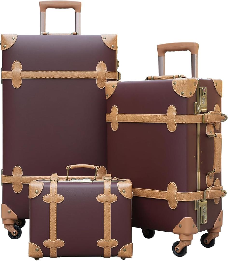 urecity Vintage Luggage Sets of 3 Piece - Hardside Lightweight Spinner Suitcases - Retro Travel Set includes Under Seat Train Case, 26"+20"+12" (Brown)