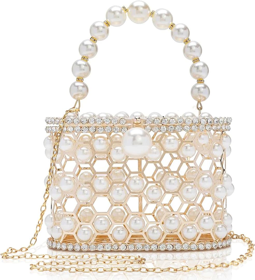 CARIEDO Evening Handbag Women Clutch Purses with Pearl Diamonds for Wedding Prom Birthday Party Dinner Accessories (White)