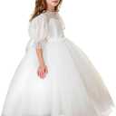 Flower Girl Dress for Wedding Lace First Communion Formal Dresses Kids Birthday Party Pageant Ball Gown (White, L)