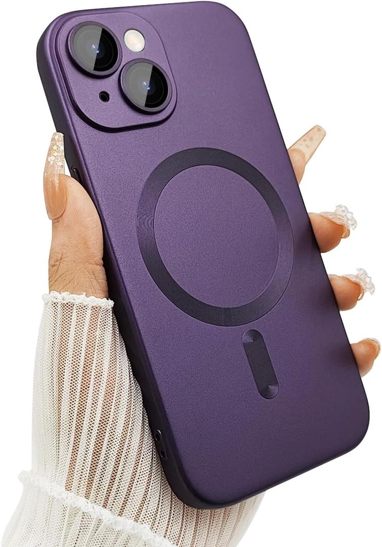 Magnetic for iPhone 14 Phone Case for Women/Men, Shockproof Matte Luxury Soft Metallic Luster Design with Camera Lens Protector, Compatible with Magsafe Case for iPhone 14 6.1"-Purple
