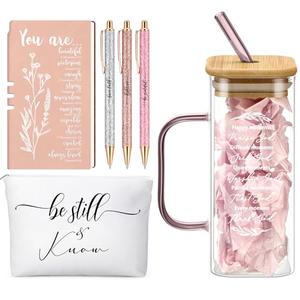 Skylety 6 Pcs Christian Gifts Set for Women Prayer Journal with Pens Makeup Bag Glass Cup Bible Study Supplies for Church Office Teacher Birthday Graduation Religious Gifts(Rose Gold) Missing Straw
