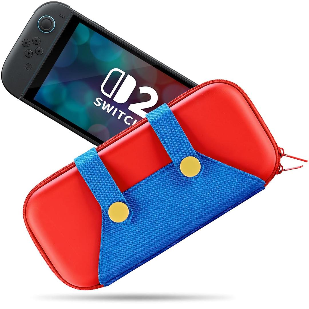 PALPOW Carrying Case for Nintendo Switch 2 Console 2025, Slim Cute Carry Fun Case, Felt Protective Hard Shell Portable Travel Storage Pouch with 10 Soft Game Card Slots - Red Blue