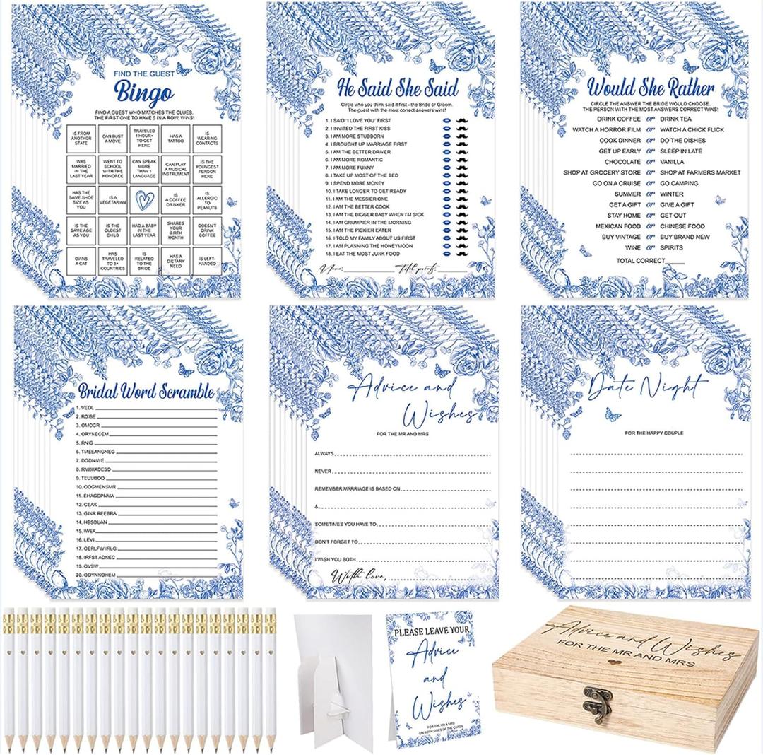 Silipull Bridal Shower Games Set for 50 Guests Includes Bingo, He Said She Said, Scramble, Would She Rather, Advice and Wishes Wedding Games Double Sided with Wooden Box, 20 Pencils(Blue Floral)