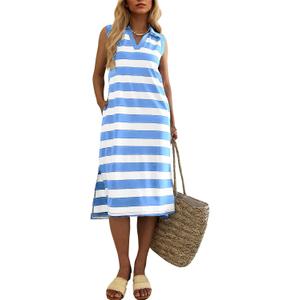 Mieazom Women's Striped Summer Dress Casual Lapel Collared V Neck Sleeveless Side Slit Midi Dresses Loose Fit with Pockets (Blue, XL)