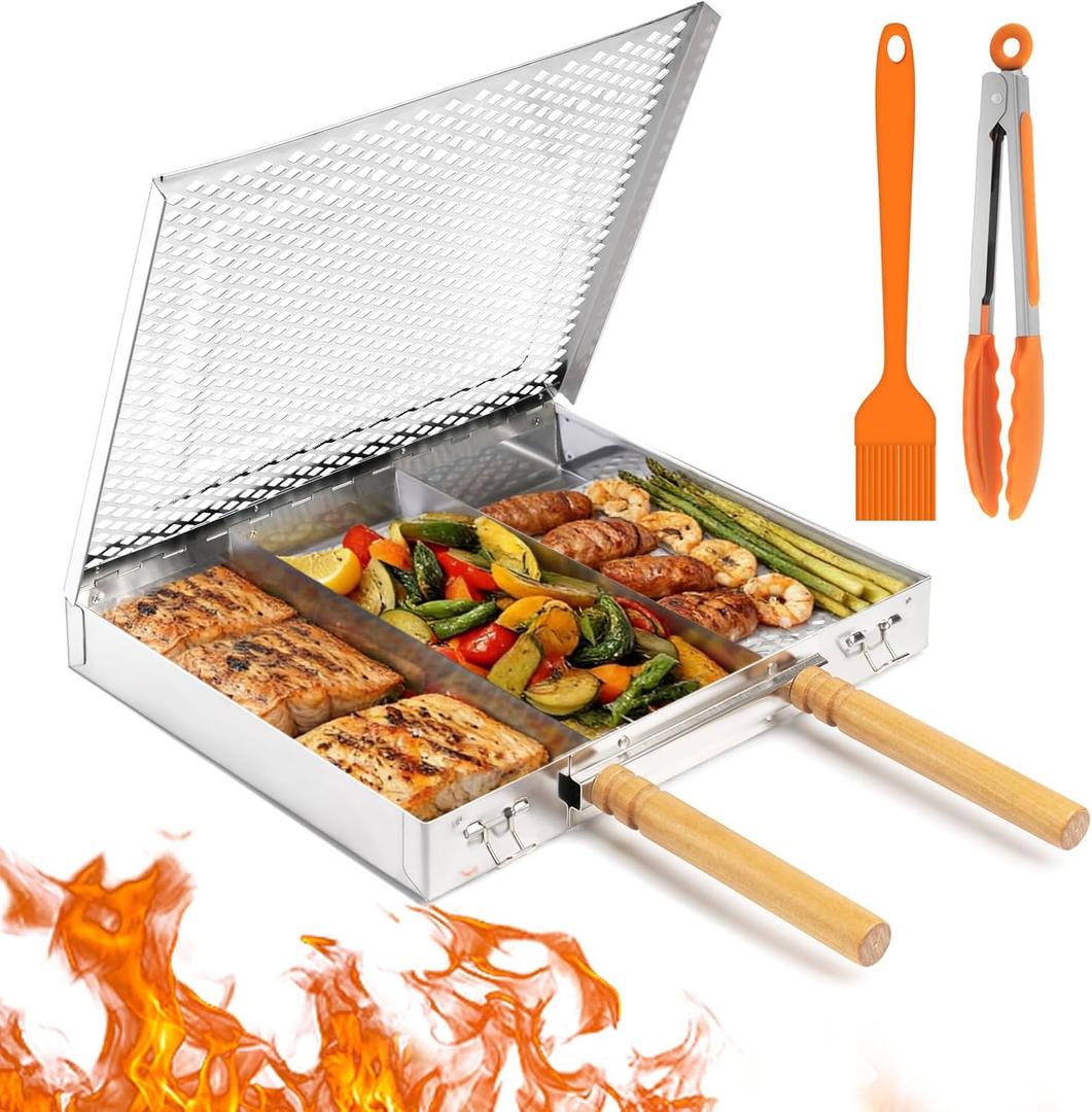 Grill Basket Set,Removable Wooden Handle,BBQ Vegetable Basket with Easy Open Lid,Food tongs,oil brush,Smoker Grilling Accessories for fish,Outdoor Cooking Camping, Birthday Gifts for Men Dad Husband