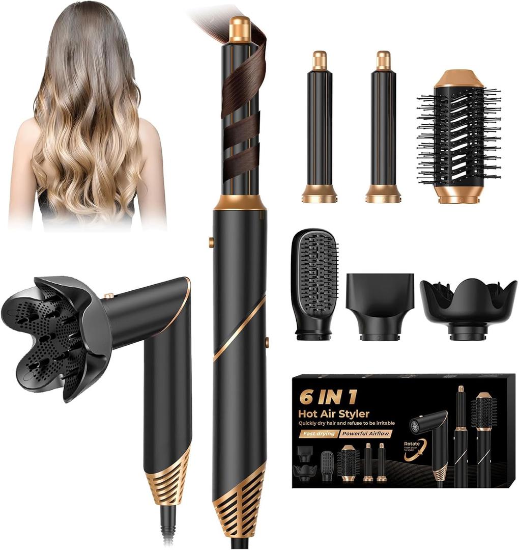 6 in 1 Hair Dryer Brush, Foldable Blow Dryer Brush with Wrap Curler, Detachable Air Hair Styler Curling, Drying,Volumizing, Straightening (Black)
