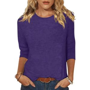 EADINVE Women's Casual 3/4 Sleeve T-Shirts Round Neck Cute Tunic Tops Basic Tees Blouses Loose Fit Pullover (Purple, L)