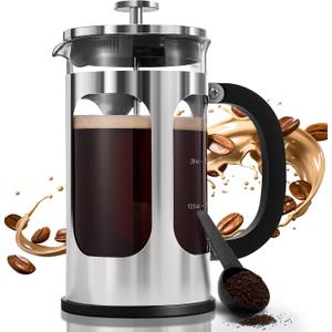 BAYKA 34oz French Press Cold Brew Coffee Maker, Heat and Cold Resistant Thickened Borosilicate Glass Stainless Steel Coffee Press, Iced Coffee Pot Tea Pitcher for Kitchen Travel Camping,1 Liter,Silver