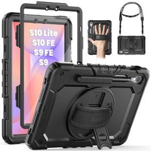 SEYMAC Case for Samsung Galaxy Tab S10 Lite/ S10 FE/ S9 FE/ S9 5G (10.9''/11''), Heavy Duty Shockproof Protective Case with Screen Protector, Rotating Stand, Hand Strap and Pen Holder, Black