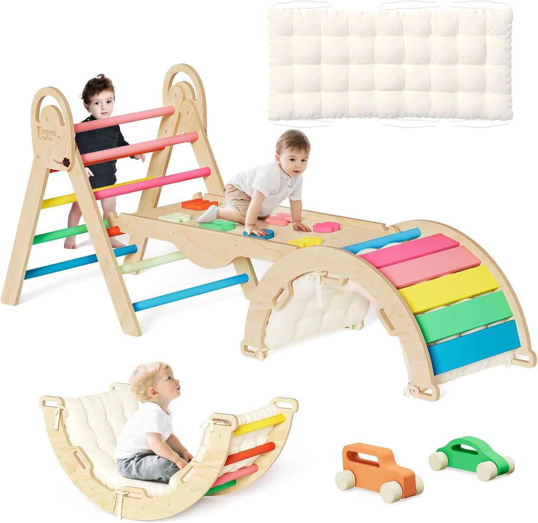 ElegantCrafts Pikler Triangle Set with Cushion, Montessori Climbing Set, Indoor Climb Toys, Indoor Playground Jungle Gyms, 9 Combinations Climbing Toy Set for Toddler, Baby, Kids 1-4, General