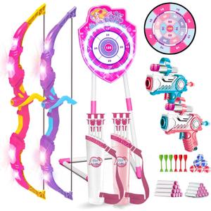 VATOS 2 Pack Bow and Arrow Toy with LED Light - 4 in 1 Archery & Dart Game Set with 20 Suction Cup Arrows, Mermaid Glow Target & Dart Board - Indoor/Outdoor Birthday Gift for Kids Boys Girls Ages 5-12 (Pink)
