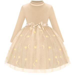 Luckrizyy Girls Dress Velvet Long Sleeve Tutu Dress Kids Sparkly Sequin Tulle Holiday Party Casual Princess Dresses 3-8Y Apricot (Beige)