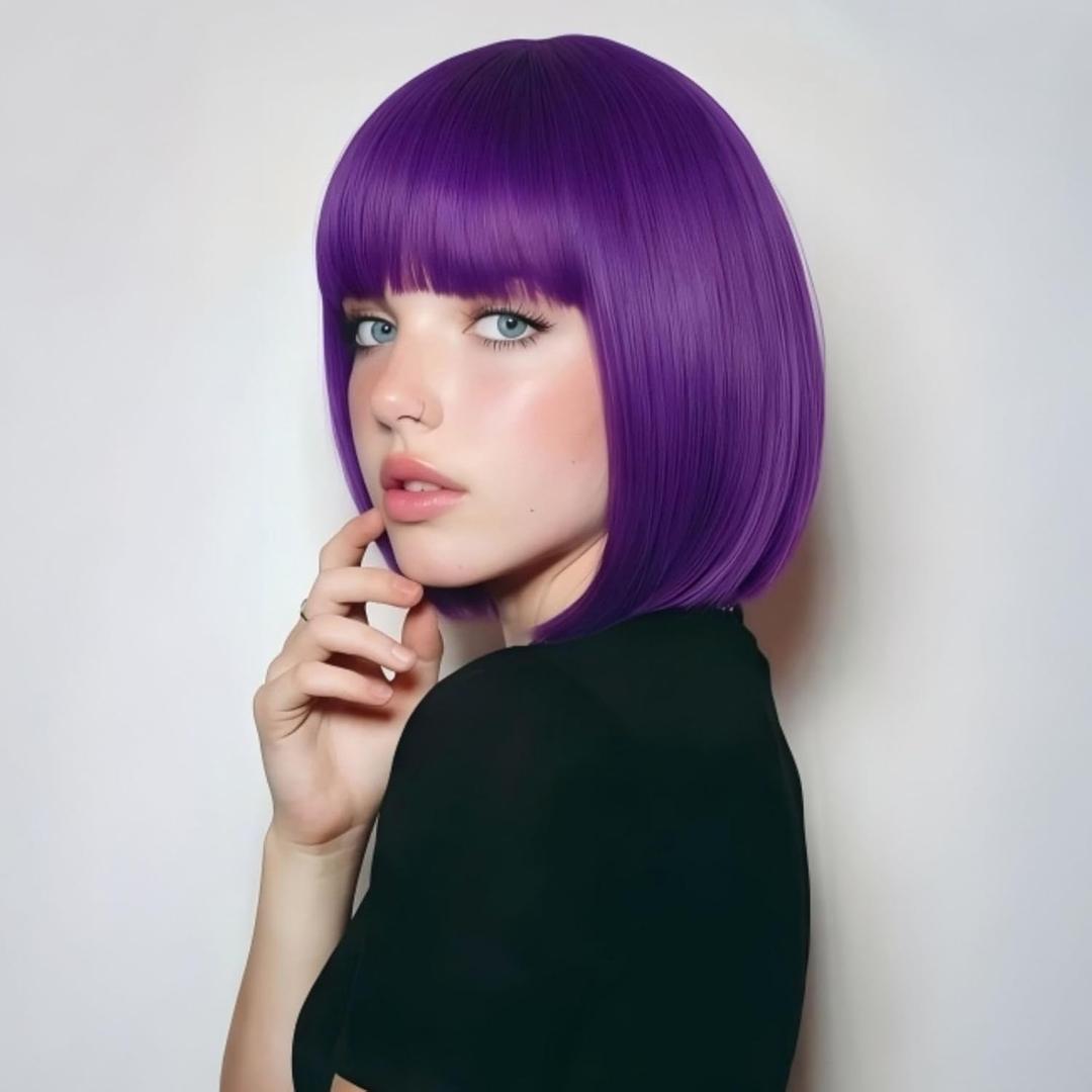 Bob Wig, 12 Inch Short Bob Dark Purple Wig with Bangs, Synthetic Heat Resistant Dark Purple Wigs for Women Girls with Wig Cap, Colourful Hair Wigs with Adjustable Straps for Party Cosplay Daily Use