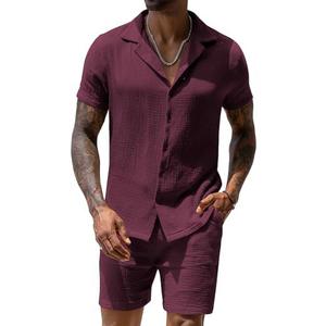 URRU Mens 2 Piece Outfits Summer Fashion Short Sleeve Shirt and Shorts Set Beach Tropical Vacation Outfits Sets Large, Wine Red 