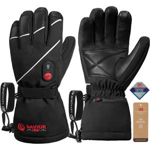 SAVIOR HEAT Heated Gloves for Men Women, Rechargeable Electric Heated Leather Skiing and Snowboarding Gloves (Medium, Black)