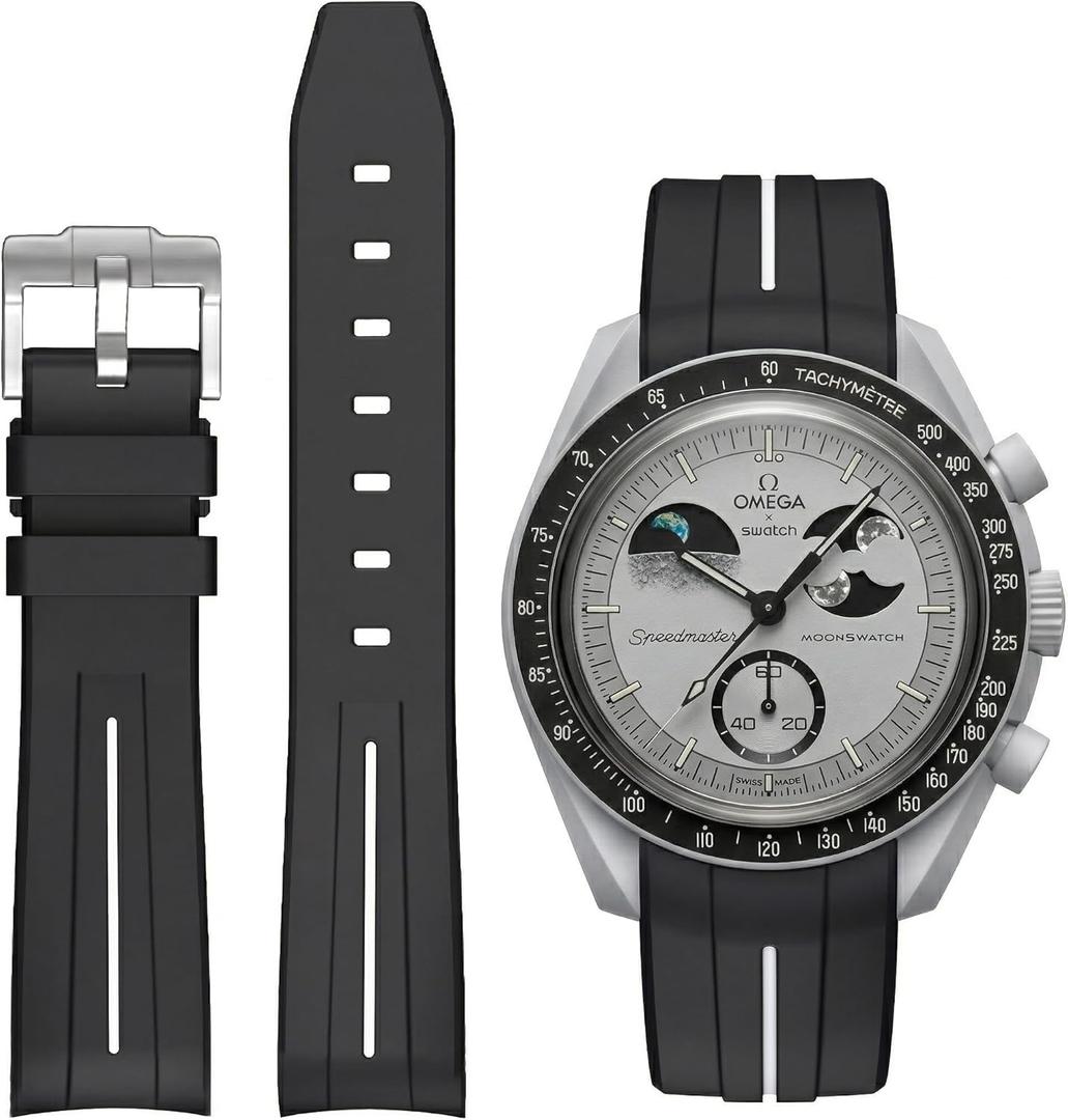 Bands for Moonswatch Watch,Curved No Gap Rubber Strap Compatible with Omega X Swatch Moonswatch Speedmaster/Rolex/SEIKO 20mm Watch,Swatch Omega Moonswatch Speedmaster Watch Replacement Band Men Women (Black white line)