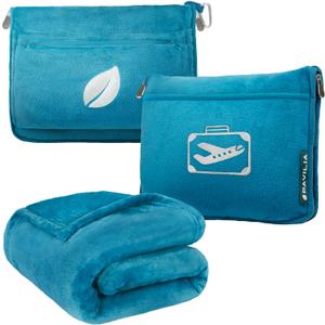 PAVILIA Travel Blanket Pillow in Soft Bag with Pockets, Airplane Blanket Set, Plane Blanket Compact Packable, Flight Essentials Car Pillow, Travelers Accessories Gifts, Luggage Strap, Turquoise (65 x 40 inches, Sea Blue)