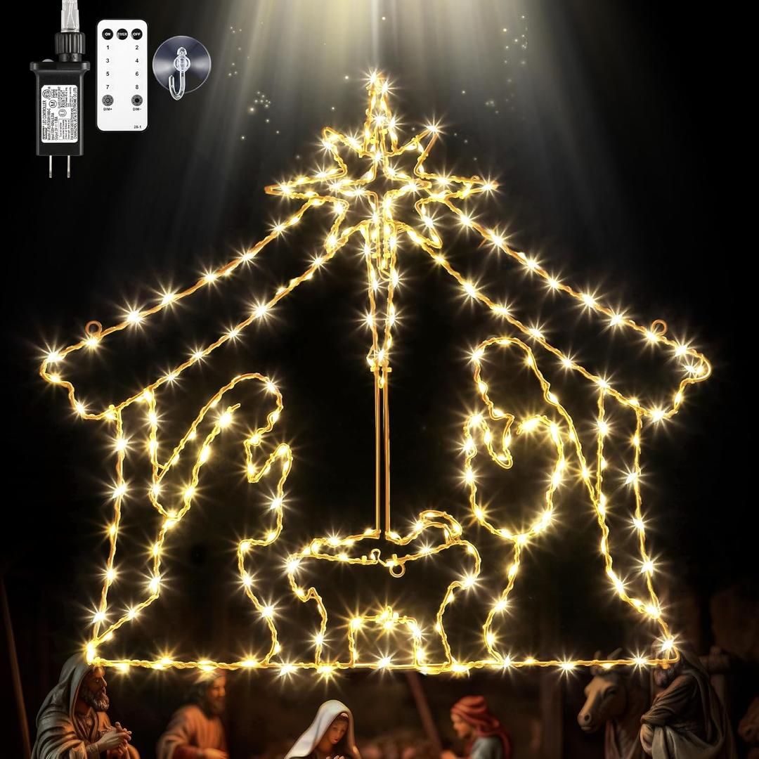 26.4" Christmas Window Lights, Large Light up Nativity Scene Lighted with 260 LED & Remote, Star of Bethlehem Xmas Window Decorations Plug in for Decor Holiday Outdoor Indoor Home (White)