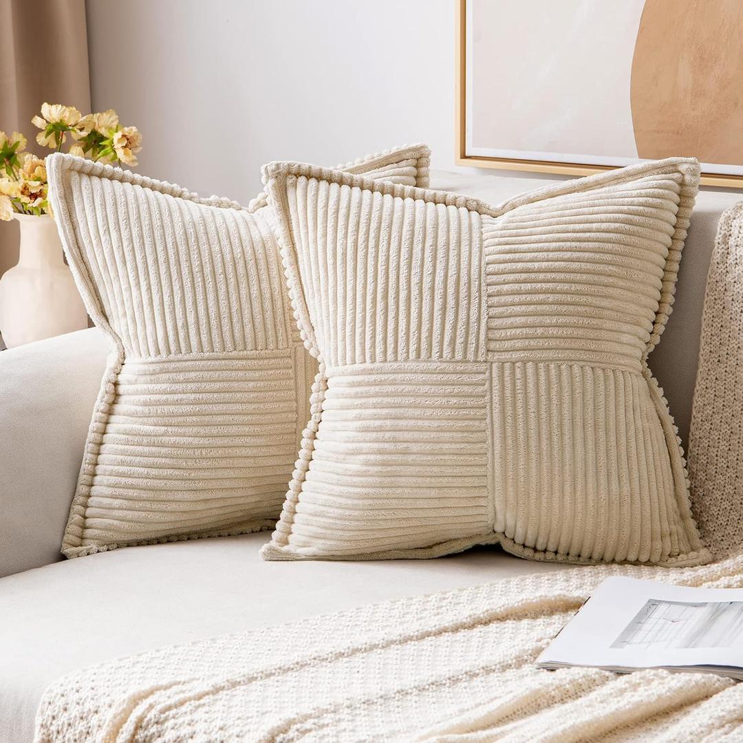 MIULEE Corduroy Pillow Covers with Splicing Set of 2 Super Soft Boho Striped Pillow Covers Broadside Decorative Spring Throw Pillows for Couch Cushion Livingroom 20x20 inch, Beige (20" x 20" (Pack of 2))
