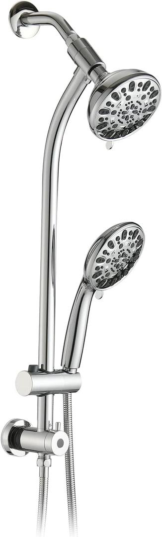 High Pressure 48-Settings Shower Head with Handheld Shower,Drill-Free 3-Way Diverter for Easy Reach,Adjustable Height Slide Bar Dual Shower Head Combo Set - Chrome