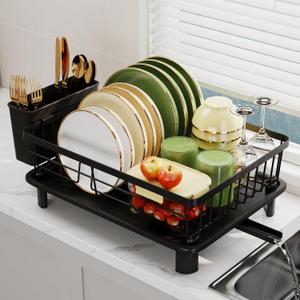 Dish Drainer Rack with Drip Tray, Sink Dish Drainer with Drainage Spout, Stainless Steel Dish Drying Rack with Cups, Utensil & Cutting Board Holders for Kitchen Counter Space-Saving, Black Dish Drainer Rack with Drip Tray, Sink Dish Drainer with Drainage Spout, Stainless Steel Dish Drying Rack with Cups, Utensil & Cutting Board Holders for Kitchen Counter Space-Saving, Black