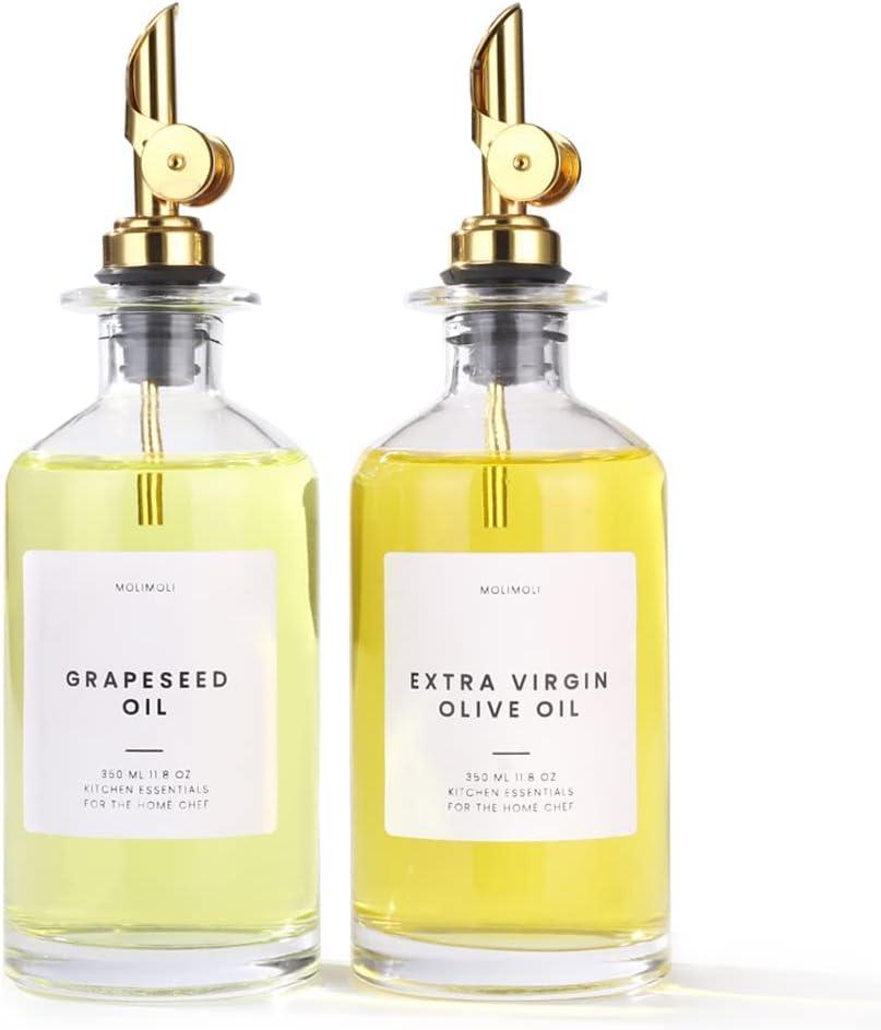 Molimoli - Premium Olive Oil Dispenser Bottles for Kitchen with Pourer - Oil and Vinegar Dispenser Set, Glass Dispenser for Kitchen, Dispenser Bottle of 350ml - Set of 2 (Gold)