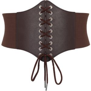 Corset Belt for Women Lace Up Elastic Leather Waist Corset Tied Waspie Belt for Renaissance Pirate Halloween Costume (Fit Waist Size 24"-26", 3-coffee)