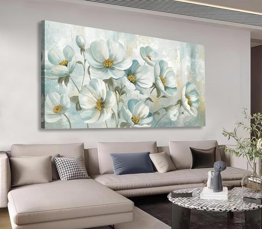 Shoci Large Flowers Wall Art, Sage Green Floral Canvas Pictures, 29" X 58" | Rustic Grey Green Blossom Painting Prints, Vintage Blooming Botanical Artwork, 29 X 58 Inch, for Living Room Bedroom Office