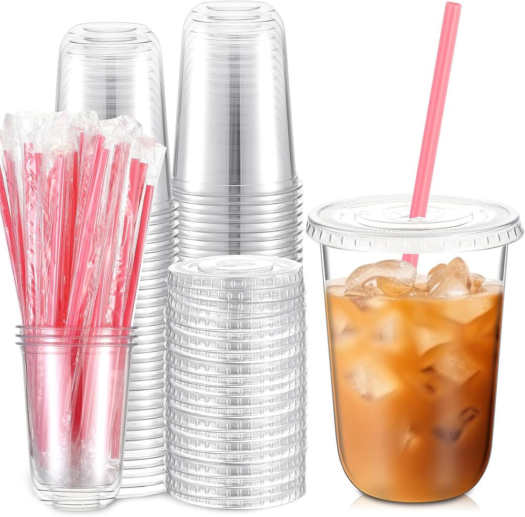Ziliny Set Clear Plastic Cups with Heart Shaped Straws and Lids, Disposable Iced Coffee Cups Drinking Pet for Cold Drinks, Valentine's Galentine's Day Bridal Baby Showers Party (16 oz,Clear)