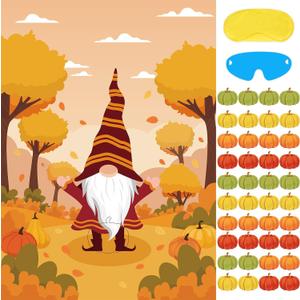 Thanksgiving Party Games Pin The Pumpkin on The Gnome with 40PCS Pumpkin Stickers Large Fall Themed Activities Poster for Kids Thanksgiving Party Birthday Party Supplies