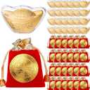 24 Pcs Lucky Gold Ingot Coins with Red Color Velvet Pouches, Chinese Feng Shui Wealth Charm, Feng Shui Lucky Yuan Bao Metal Foil Fortune Symbols for Lunar New Year Decor