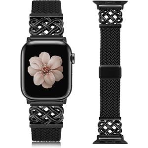 TOYOUTHS Braided Magnetic Band Compatible with Apple Watch Bands 38/40/41/42/44/45/46/49mm Women Men, Dressy Celtic Metal Stretchy Elastic Strap for iWatch Series 11 10 9 8 7 6 5 4 SE/Ultra 3 2 1 (Black/Black)