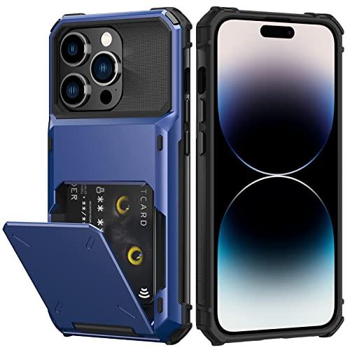 Nvollnoe for iPhone 14 Pro Case with Card Holder[Store 5 Cards] Dual Layer Heavy Duty Shockproof Hidden Card Slot Large Storage Cover for iPhone 14 Pro(Blue)
