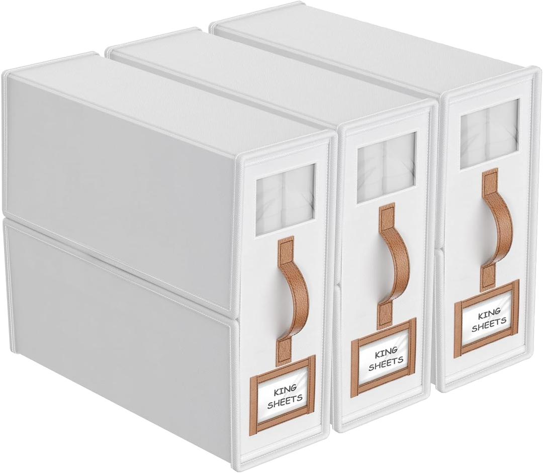 3 Pack Foldable Bed Sheets Set Organizers and Storage(King & Queen Size),Linen Fabric Closet Organizers with Window,Folding Bedding Storage Box for Bedsheets and Pillow Cube Organizer-White